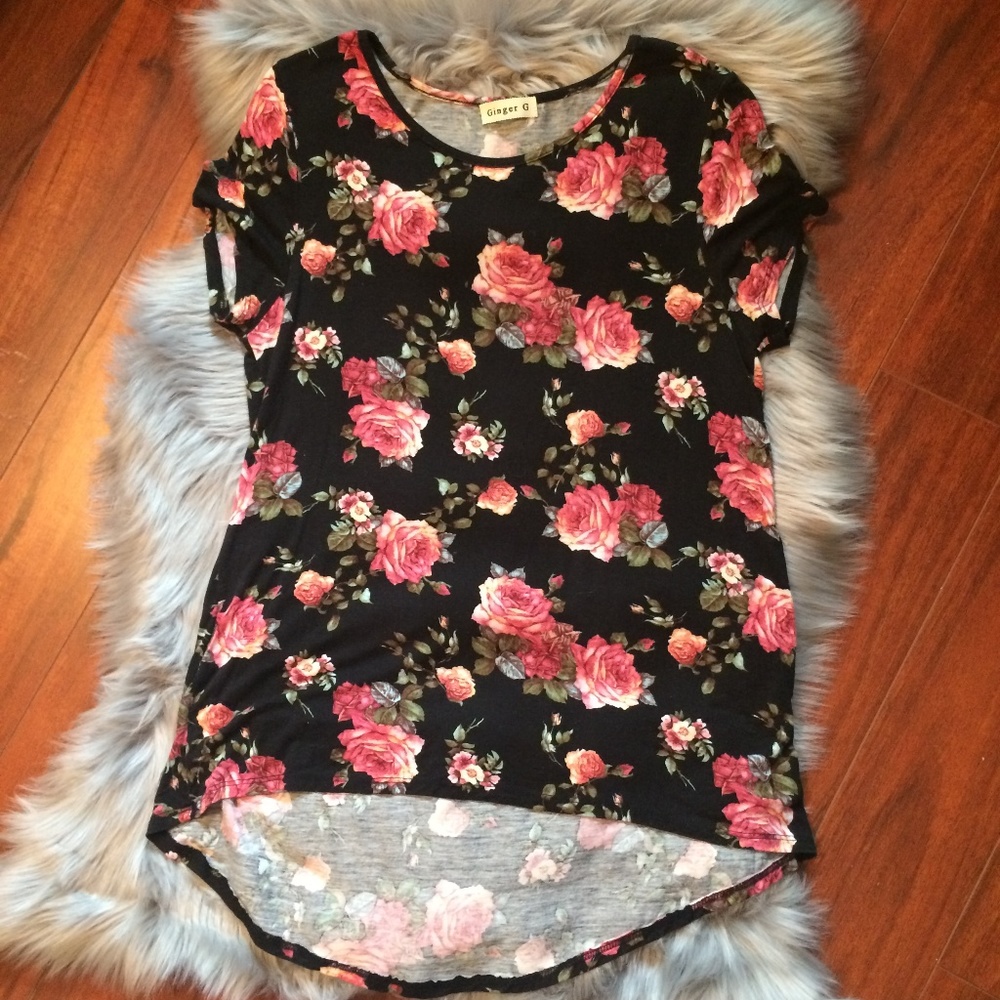 Ginger G Black & Pink Floral Hi-Low Blouse